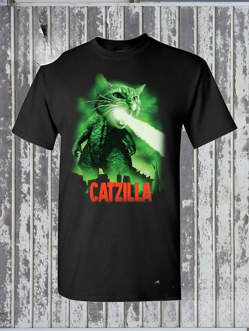 

Catzilla забавная пародия футболка кошка домашнее животное атомное дыхание хлопок винтажная футболка с круглым вырезом для мужчин и женщин уличная одежда футболки с коротким рукавом