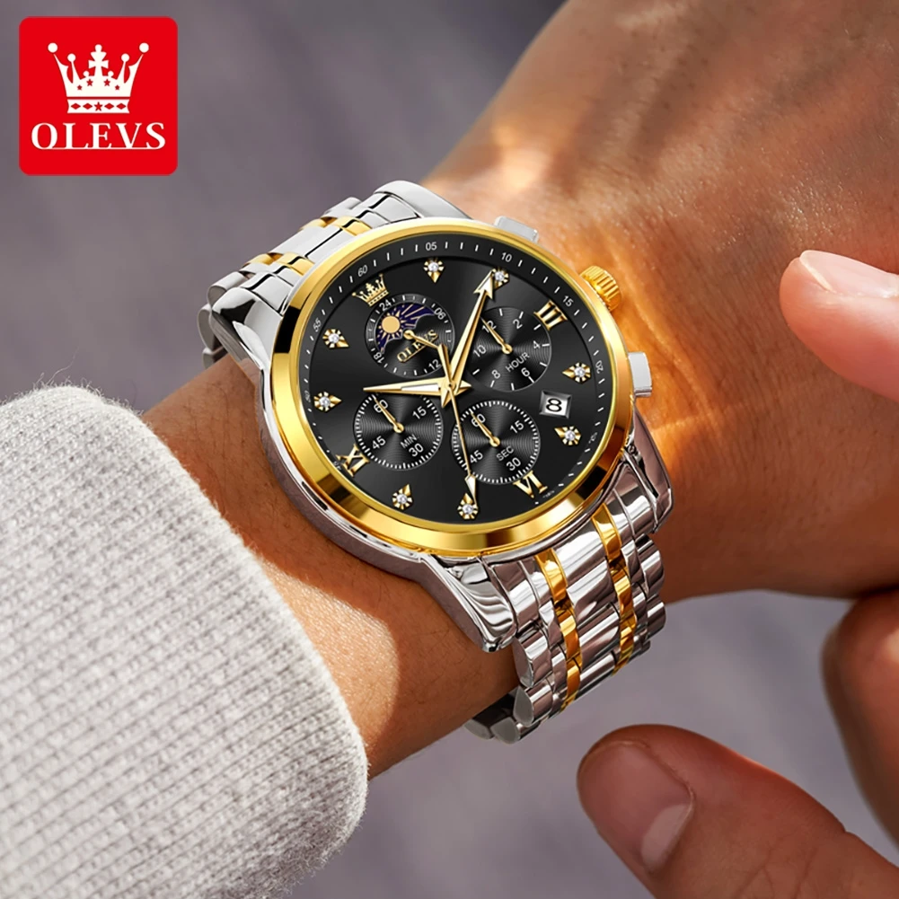 OLEVS 3655 Reloj de cuarzo de lujo para hombre, Reloj con sincronización de fase lunar a escala romana, Reloj con calendario luminoso resistente al agua, Reloj de marca para hombre