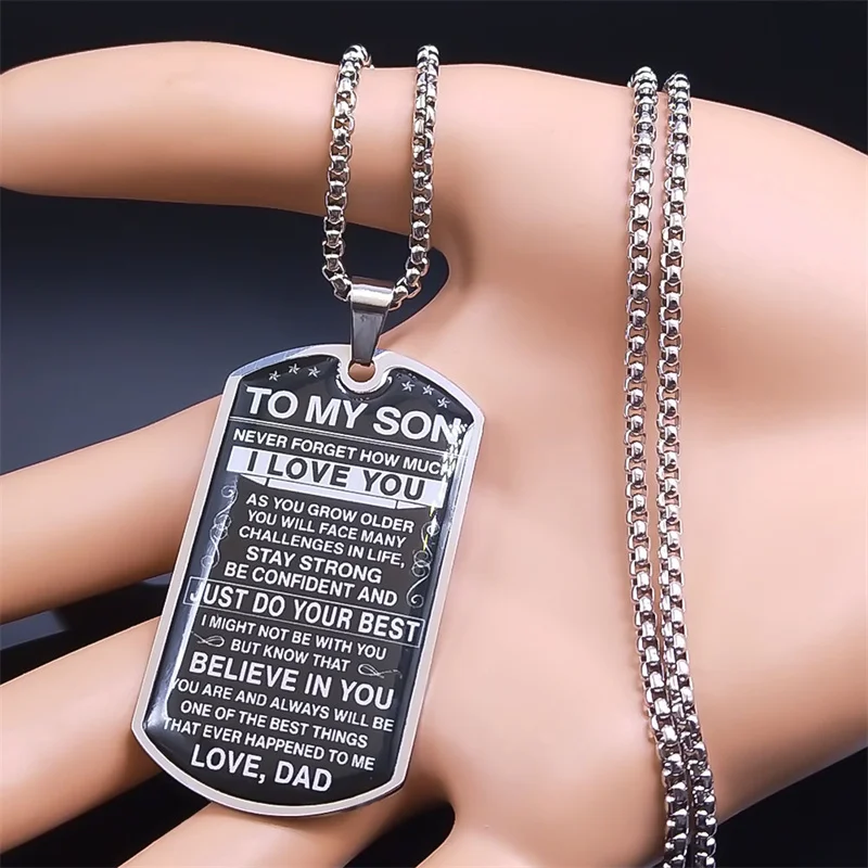 An meinen Sohn, ich liebe dich Anhänger Halskette Edelstahl Hundemarke Buchstabenkette Geburtstags- und Abschlussgeschenk Schmuck Männer Inspiration Kinder – Detail 4