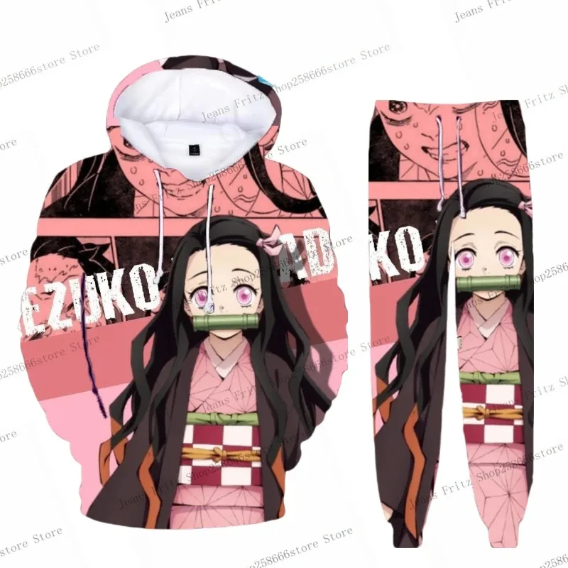 Anime Demon Slayer Hoodies 3Dการพิมพ์คอสเพลย์กางเกงHoodie 2PCSชุดTracksuitผู้ชายผู้หญิงOversize Streetwear Hoodieกางเกงชุด