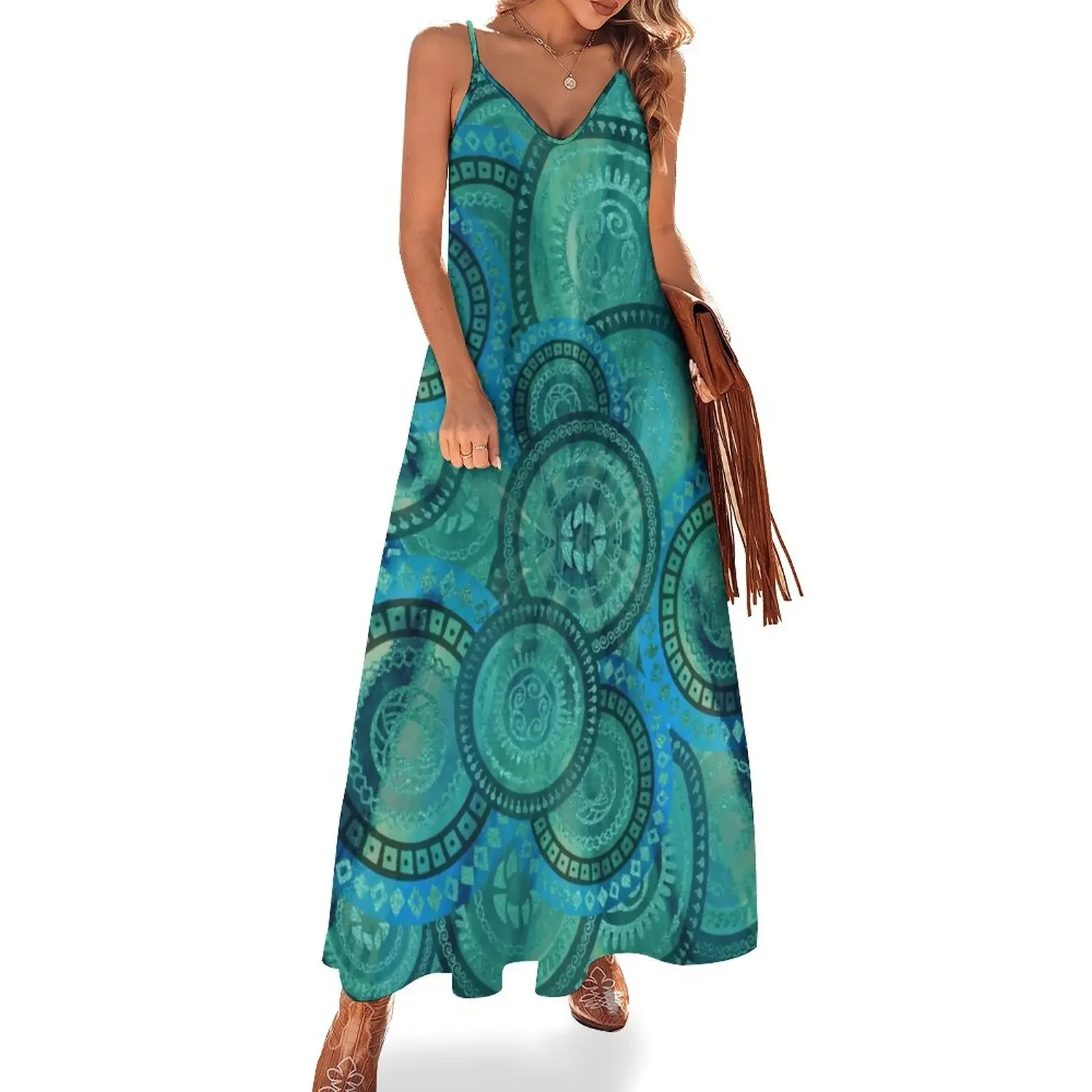 Gentle Teal and blue Circular Tribalpattern Sleeveless Dress festival outfit women luxury woman party dress