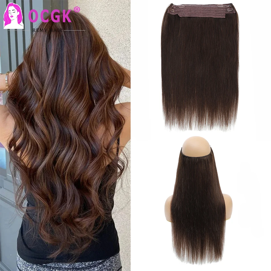 

Halo Hair Extensions Real Human Hair Straight Fish Line Hair Extensions Hidden Wire Clip In Hair Brown Ombre Hairpiece 14-28Inch