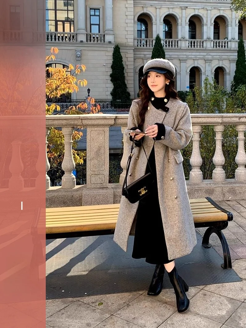 

Зимнее женское двубортное шерстяное пальто свободного кроя со воротником-стойкой, удлиненное, средней длины, для повседневной носки, стильная верхняя одежда