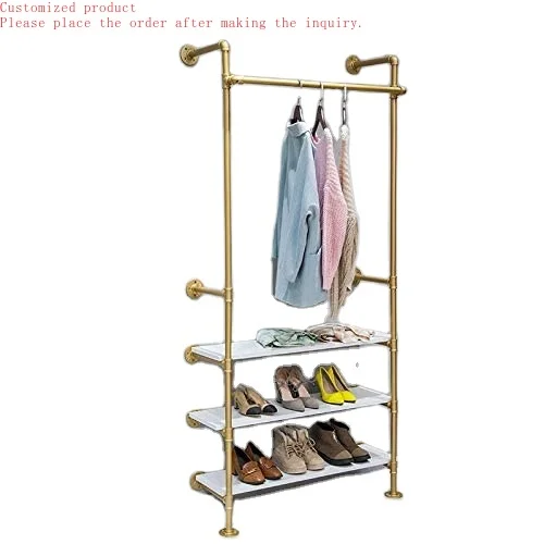 

New Style Metal Industrial Pipe With Wood Garment Pipeline Customize Color Clothing Display Rack Wall-mounted for Store