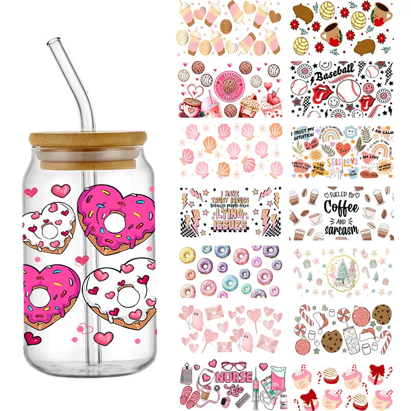 30+ Designs Fashion Cup Uv Dtf Transfer Wrap Sticker Diy 16 Oz Glass Cans Popular Heart Shape Element Design Waterproof Decals