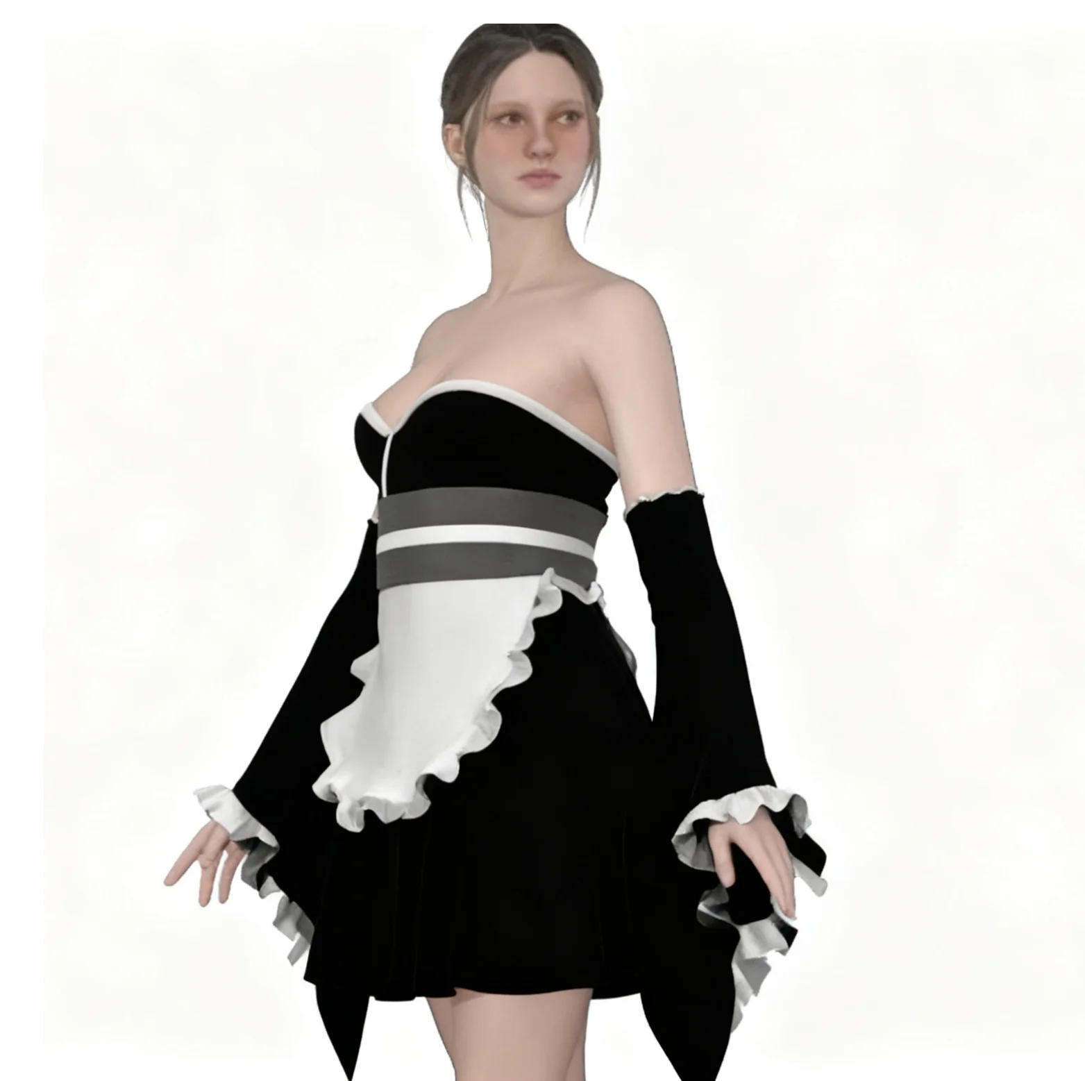 

Sexy Sissy French maid black satin off shoulder flared cuffs cosplay costume customizable