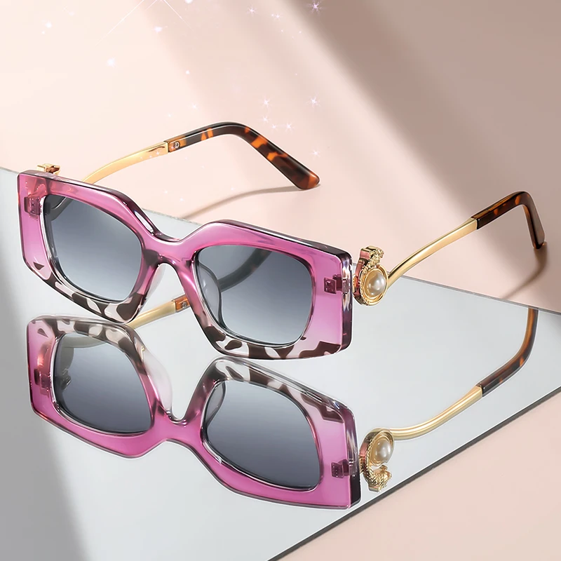 نظارات شمسية جديدة ذات إطار صغير على شكل عين القطة مع معبد لؤلؤي مقلد معدني، نظارات شمسية مزخرفة عصرية