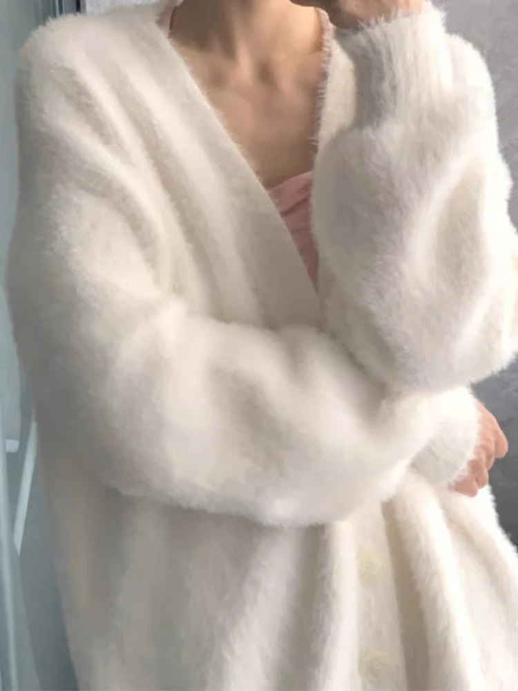 

Ladies' White V-Neck Knitted Sweater Lazy Style Fall Winter New Arrival Premium Feel Open Cardigan Outerwear Comfortable Fit