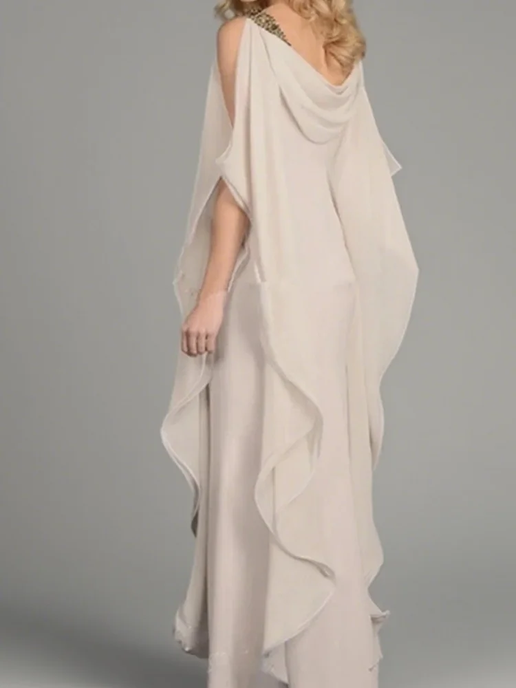 쥬얼 넥 카울 백 티어드 웨딩 파티 가운 플로어 기장 세일 최신 우아한 슬리브리스 신부 어머니 드레스