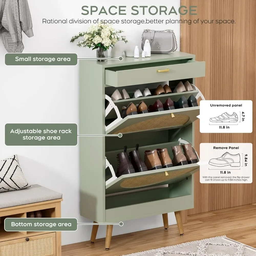 

Shoe Rack Storage Box with 2 Natural Semi-circular Wicker Doors and Wooden Sports Shoe Cabinet Entrance