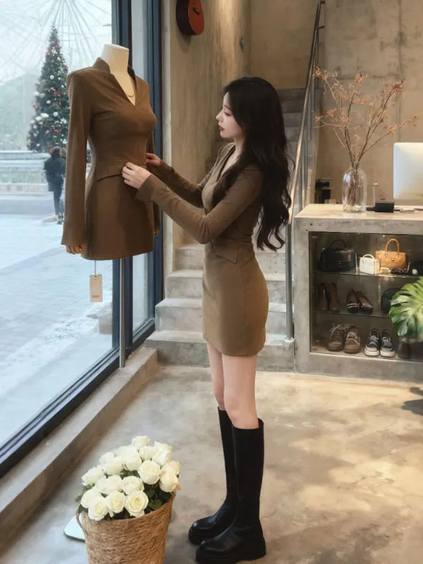 

V-Ne Slim Fit ort Skirt Dr Faionable Maturi Sle Winter Unique Design Cotton Blend Long Sve Midi Dr