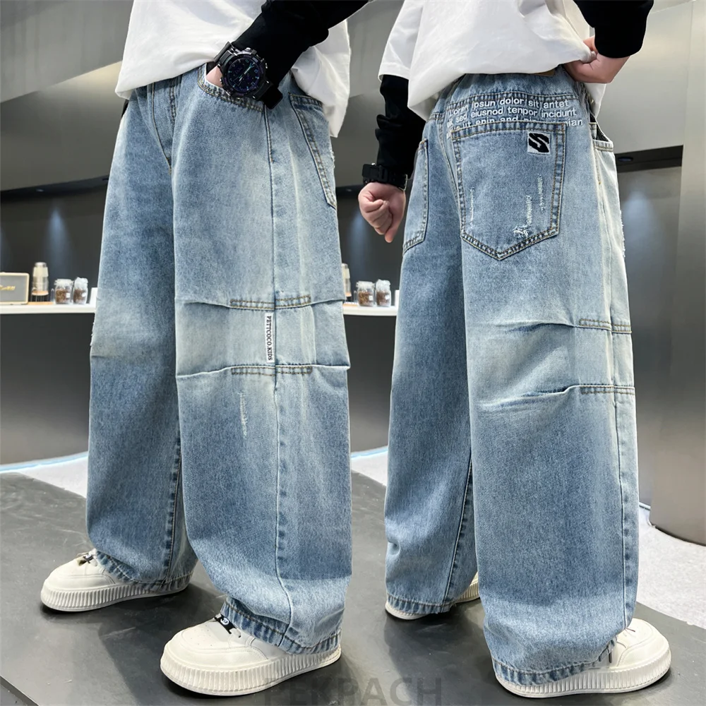 

High Quality New Kids Designer Fashion Jeans for Teenage Boys Luxury Baggy Blue Denim Pants Children Casual Jeans Trousers 5-14Y