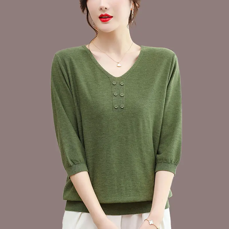 

Big Size Women All-match Knitted T-shirt Korean Fashion Summer New Female Clothing Half Sleeve V-Neck Solid Vintage Pullover Top