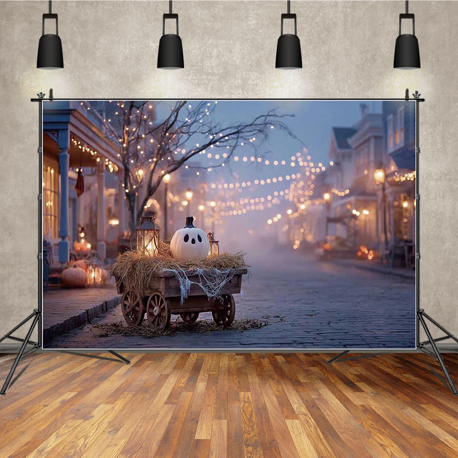 

MOON.QG Town Halloween Backdrop Hay Spider Webs Cart Photo Background Decoration Poster Gender Reveal Photocall Shooting Props