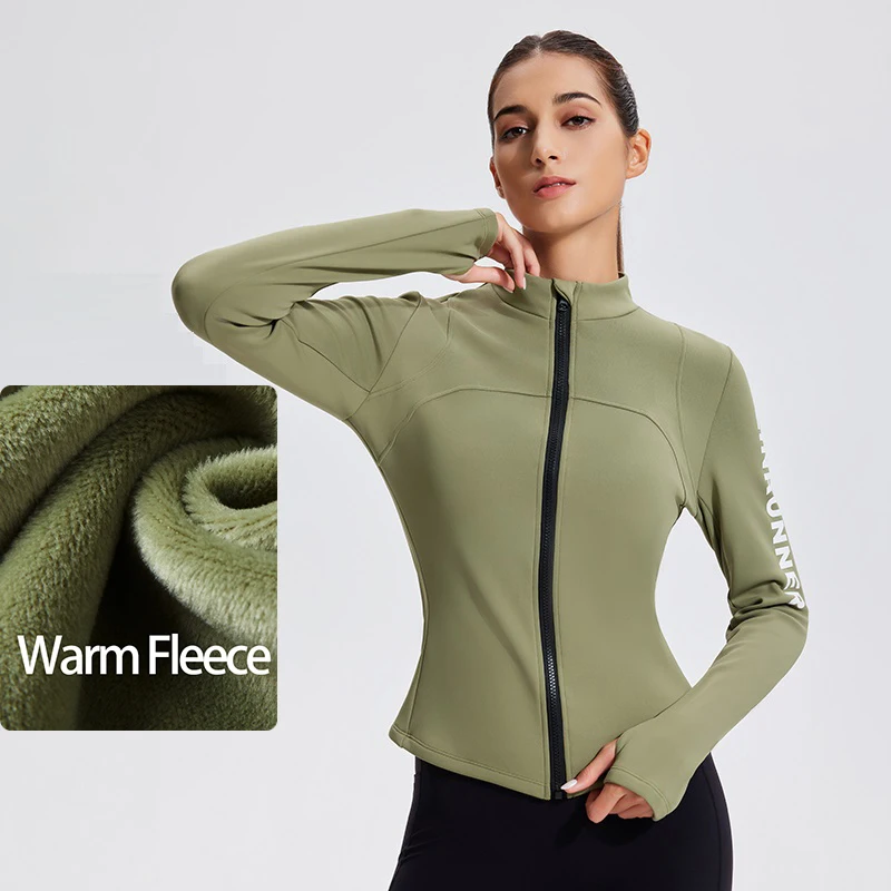 

Fleece Women Sports Coats Long Sleeve Workout Jackets With Thumb Hole Mandarin Colla Running Cycling Shirts Yoga Gym Zipper Tops