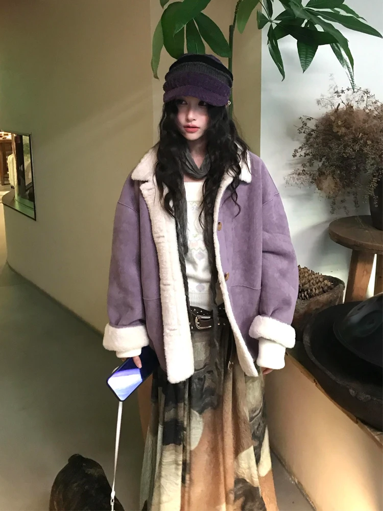 Korean-style eco-friendly rabbit fur women's winter fashion purple suede fleece fur one-piece lapel jacket fur coat