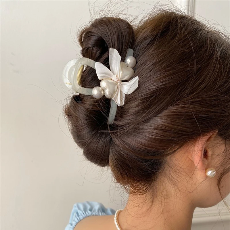 Tocado de garra de pelo de lazo de perla elegante, pasadores dulces de moda, Clip de tiburón Simple para mujeres y niñas, accesorios para el cabello de cola de caballo