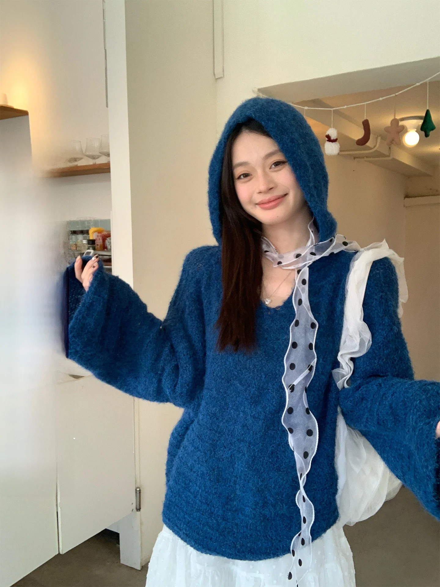 

Loose Fit Blue Knitted Hoodie Women's Spring Faionable Casual Sle Comfortable Soft Material Long Sve Crew Ne Top