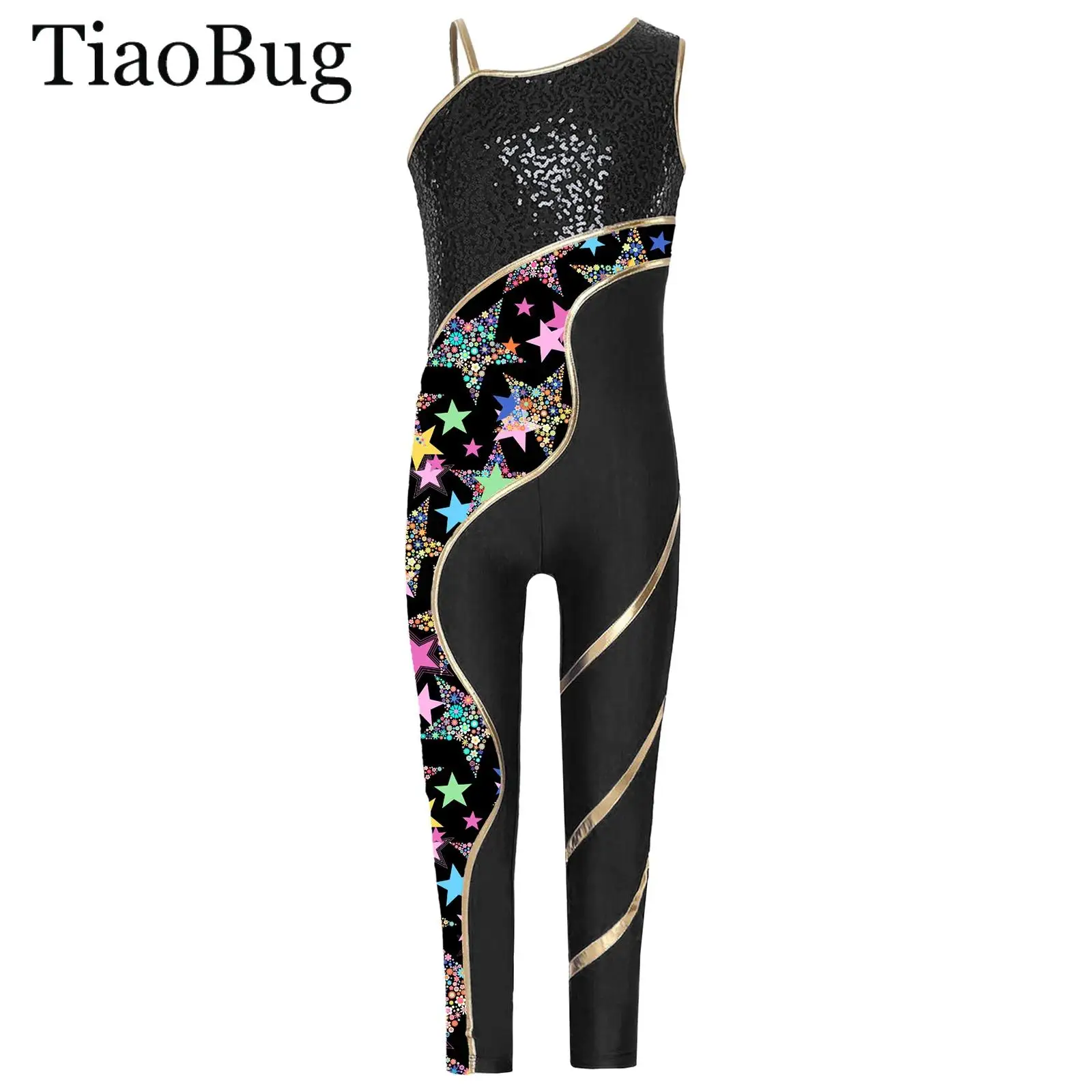 

Kids Girls Figure Skating Dance Leotard Sleeveless Gymnastic Jumpsuit Shiny Sequins Print Full Length Bodysuit Ballet Workouts
