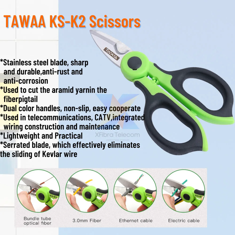 TAWAA-Fiber Optic Tool Series Portfolio, KS-K2 Scissors, FTS-01 Drop Cable Stripper, Fiber Cleaver, FC-20, 30, TBL-23 Blade