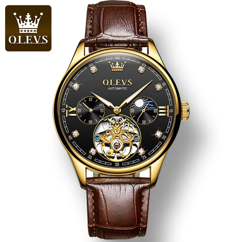 

OLEVS 3601 Fashion Mechanical Watch Gift Round-dial Genuine Leather Watchband Moon Phase Luminous