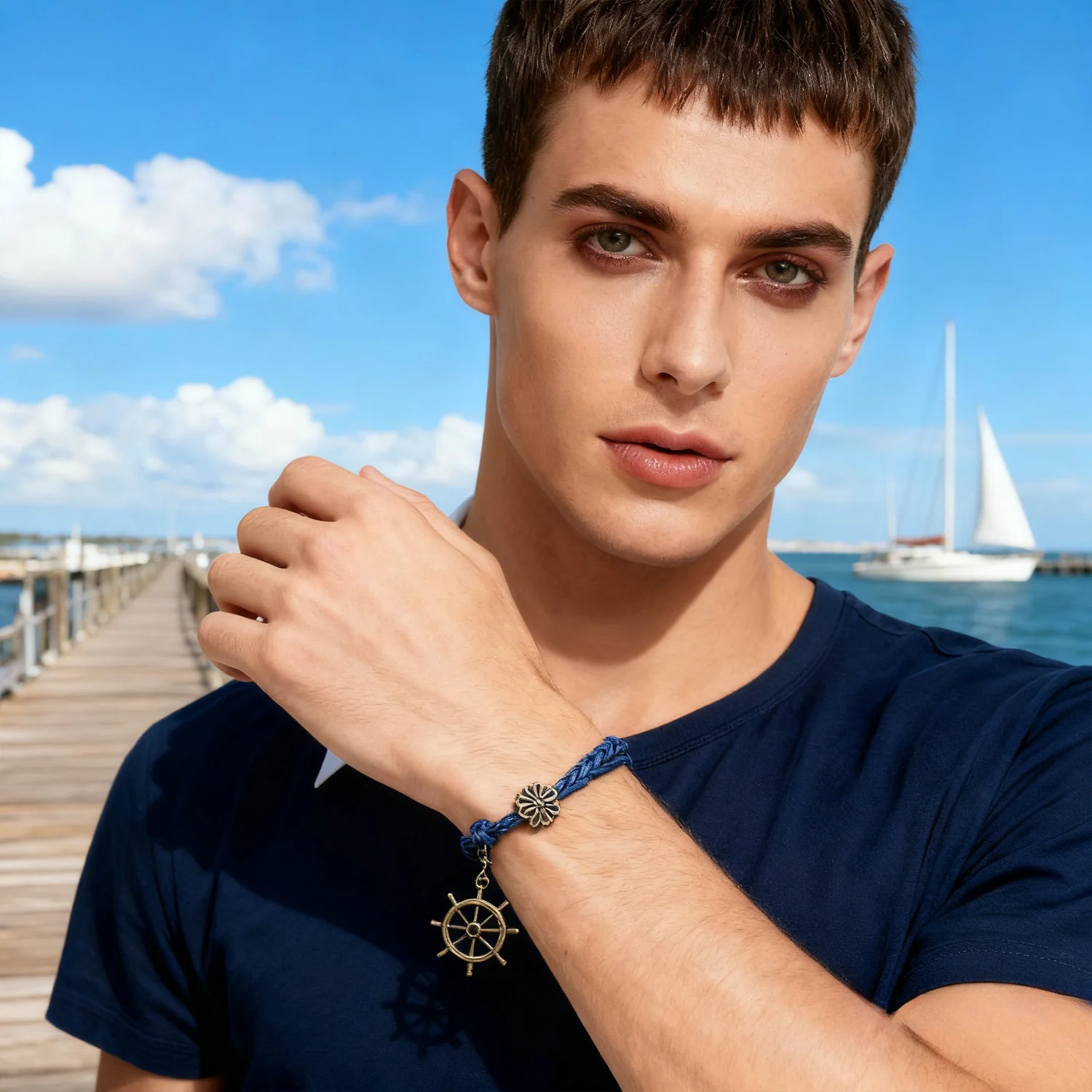 PESENAR Bracciale in cordoncino blu stile nautico con ciondolo a forma di ruota da nave in bronzo per accessori Boho e a tema mare