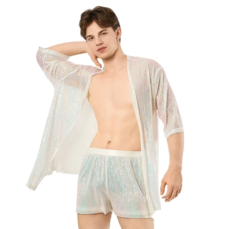 Herrenbekleidung 2-Teiliges Outfit Strickjacke Shorts Herren-Set Glitzernder Lockerer Strandüberzug Nachtclub Festival Rave Party Bühnenkostüm – Detail 6