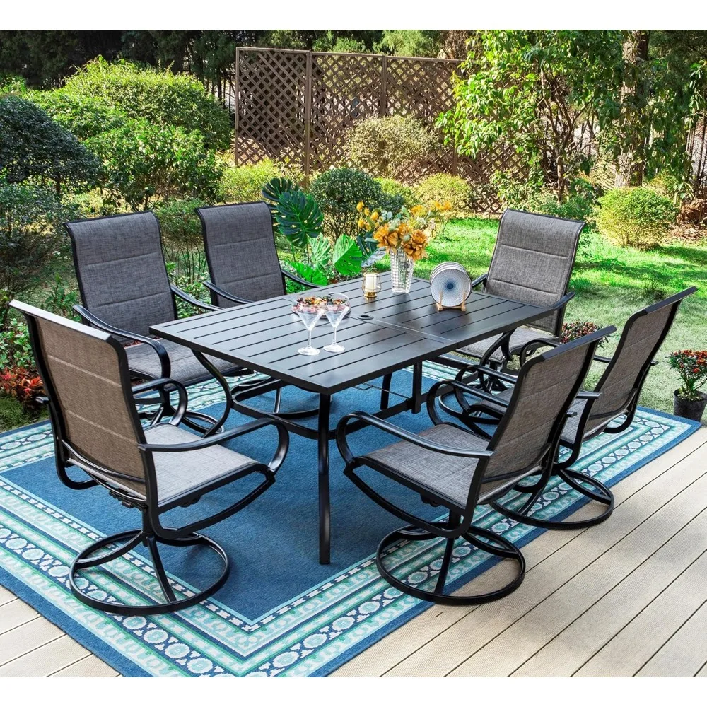 

7 Piece Patio Dining Set for 6, 1 Large Metal Table and 6 Outdoor Dining Chairs with High Back and Padded Textilene, Outdoor Fu