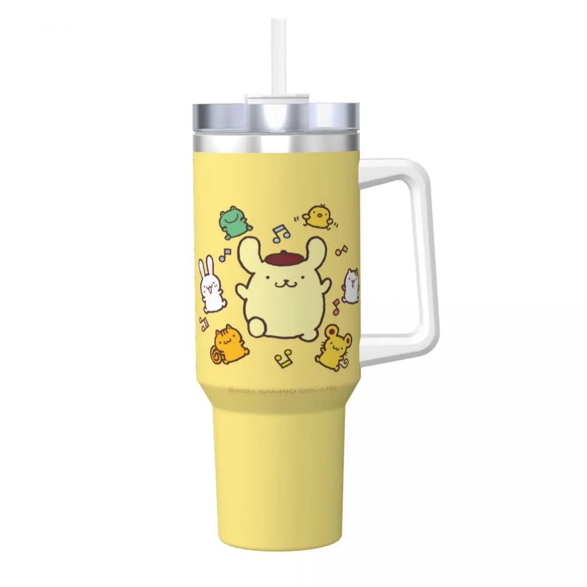 Stainless Steel Tumbler Pom Pom Purin Mugs Cup With Straws Sanrio Travel Drink Water Bottle Insulated Large Capacity Coffee Mug