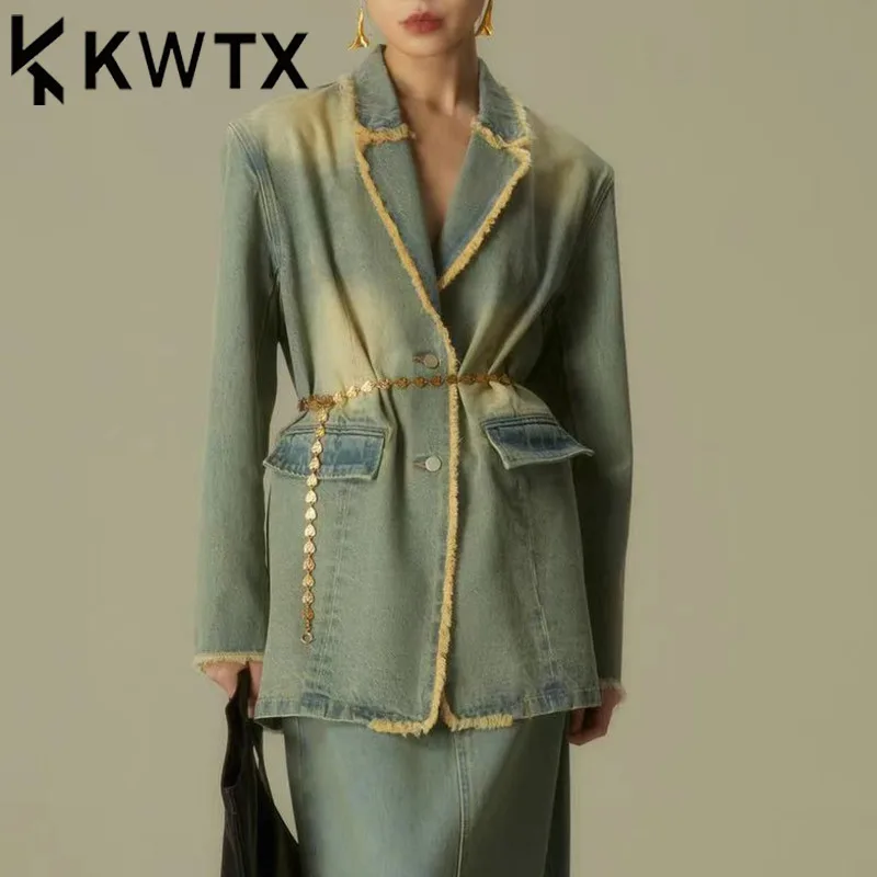 

KWTX Women's Denim Jacket Spring Summer Vintage Frayed Lapel Pockets Solid New 2025 Elegant Chic High Quality Fashion