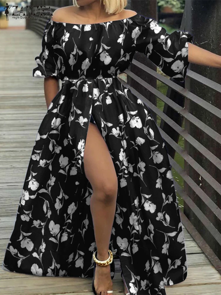 Bohemian Sexy Maxi Dresses ZANZEA Women Floral Printed Sundress 2025 Summer Off The Shoulder Robe Holiday Buttons Long Vestidos