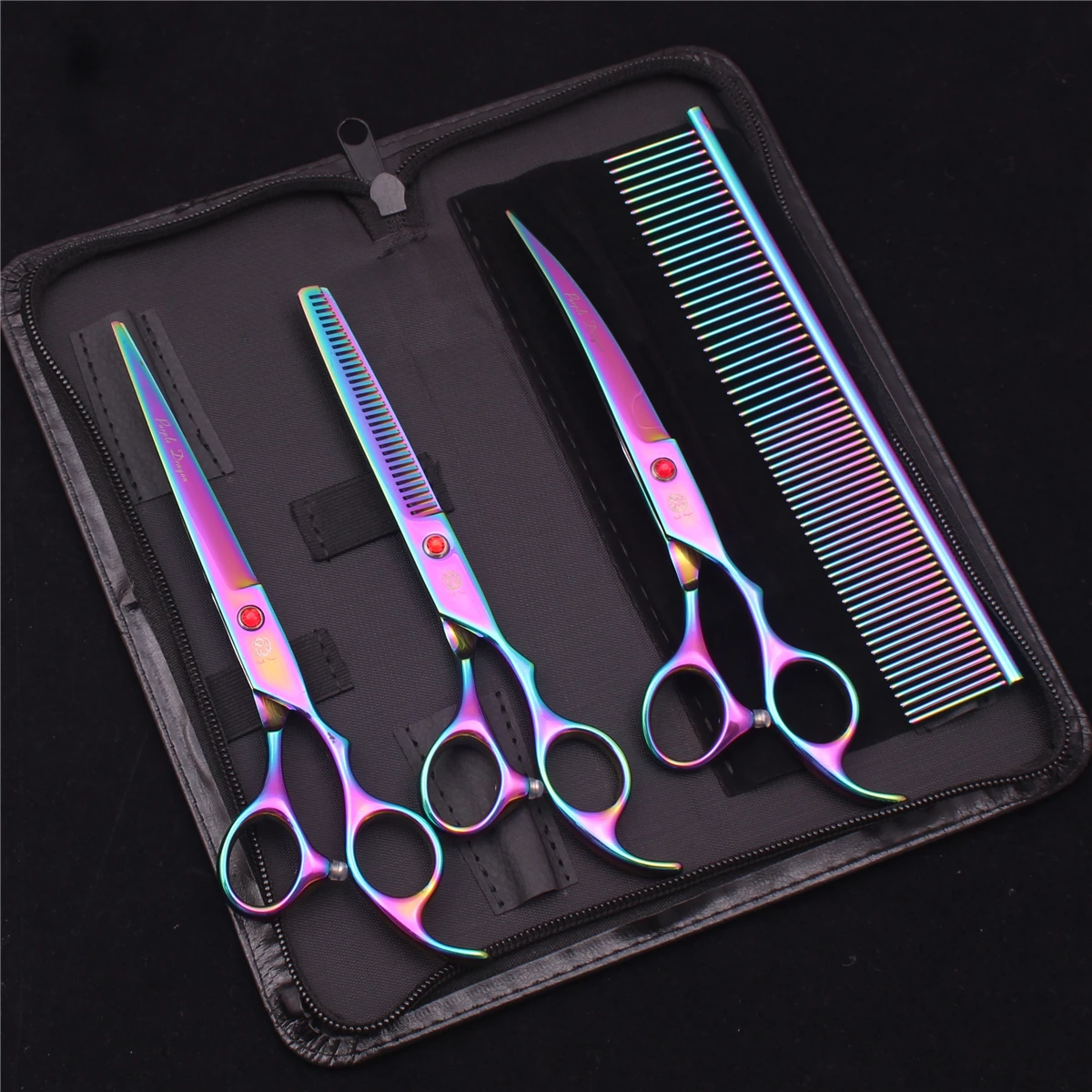 Purple Dragon Pet Schere 7'' Edelstahl Hundepflegeschere Kit Gerade Schere Effilierschere Chunker Gebogene Schere Z3003 – Detail 14