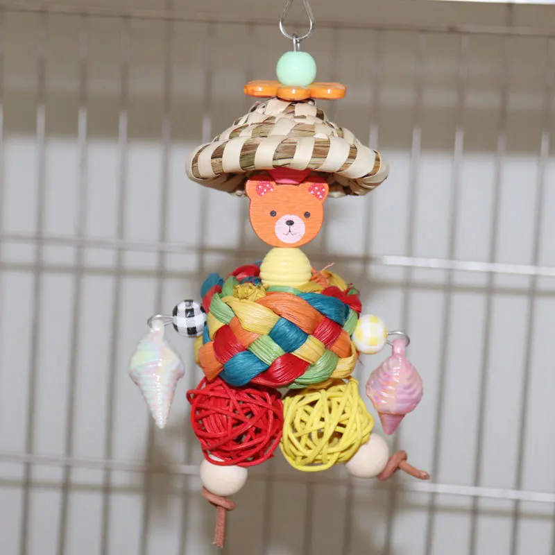 Parrot Toy Rattan Ball Shape Gnawing Weaving Straw Hat Human Bird Cage Pendant Colored Bird Supplies Bird Toys