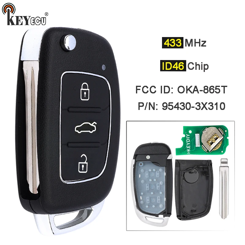 

Чип KEYECU 433 МГц ID46 P/N: 95430-3X310 FCC ID: OKA-865T, откидной брелок с дистанционным управлением для Hyundai Elantra 2014 2015 2016