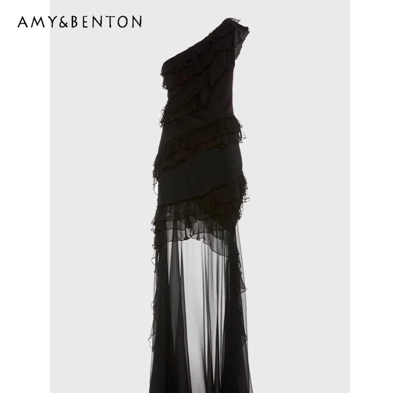 

Retro Black Ruffle Edge Lace Irregular Women's Sling Dress 2025 Summer New Design Temperament Hot Girl Sexy Long Dresses Ladies