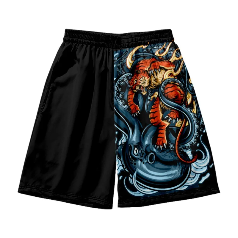 2022 New Men's Hip Hop Swim Shorts Loose Beach Wear Summer Swimsuit Black Tiger Print Clothing