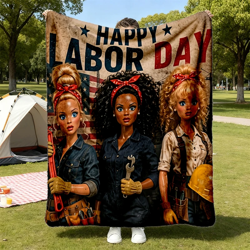 Funny Doll Face Flannel Blanket for, Cartoon Worker Flannel Throw, Construction Humor Cozy Blanket Gift, Happy Labor Day