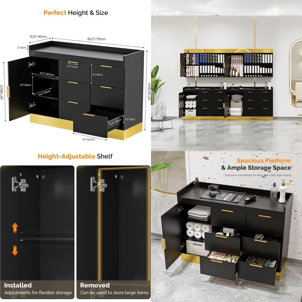 محطة حلاقة أنيقة مع 6 أدراج وخزانة تخزين لصالونات التجميل، لمسة نهائية باللون الأسود والذهبي #1