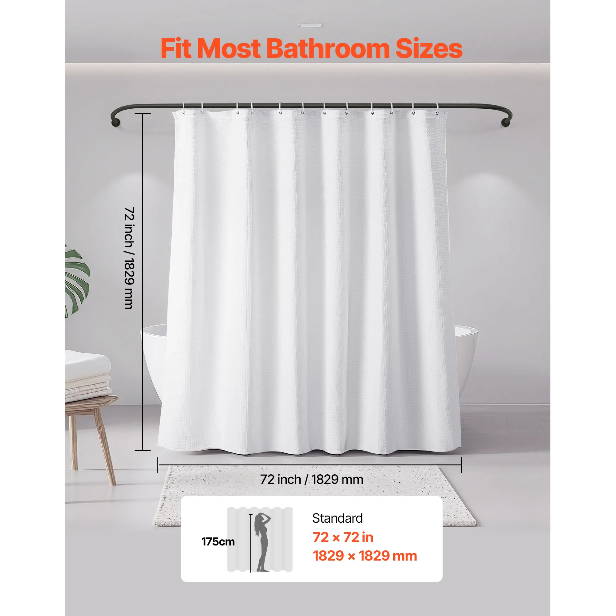 White Fabric Shower Curtain, 240 GSM Weighted Waffle Shower Curtain, Polyester Curtain with Rust-Resistant Hooks, Machine Washable & Water Repellent, 72x72 in for Bathroom Showers, Bath Tubs, Closet or Room Divider, 12 Stainless Steel Grommets, 12 Open Pl