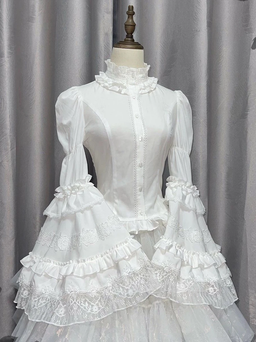 고딕 로리타 화이트 셔츠 여성 빈티지 빅토리아 프릴 레이스 블라우스 공주 탑 숄 셔츠 플레어 슬리브 미학 자켓