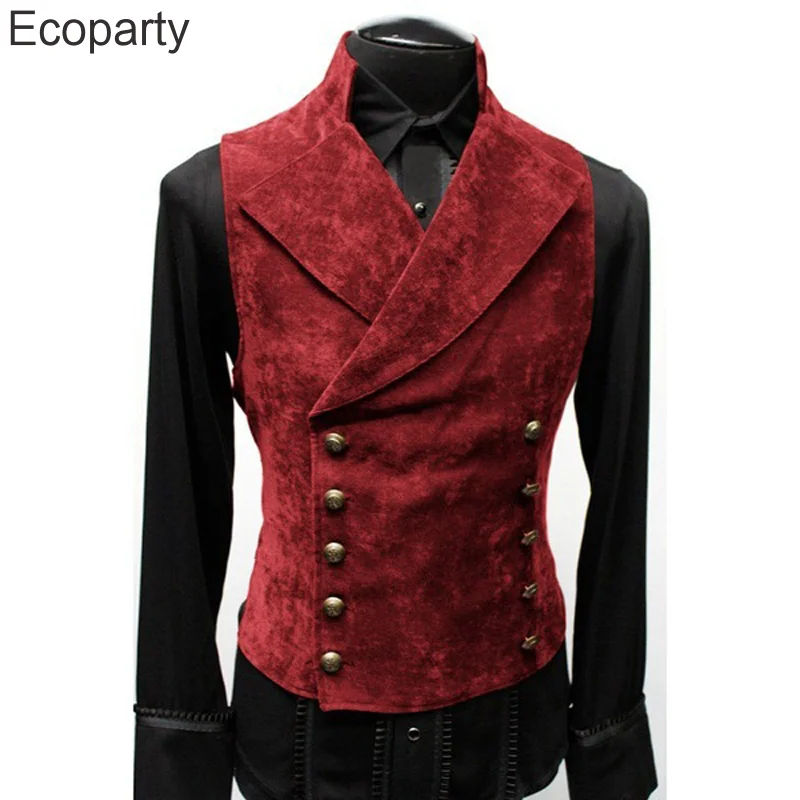 New Men Double Breasted Gothic Steampunk Velvet Vest Solid Stand Collar Medieval Victorian Waistcoat Mens Stage Cosplay Costume