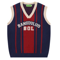 Hip Hop Color Blocking Letter Jacquard Sweater Vest Men Harajuku Oversize Sleeveless Jumper Unisex Vintage Soft Chaleco Hombre