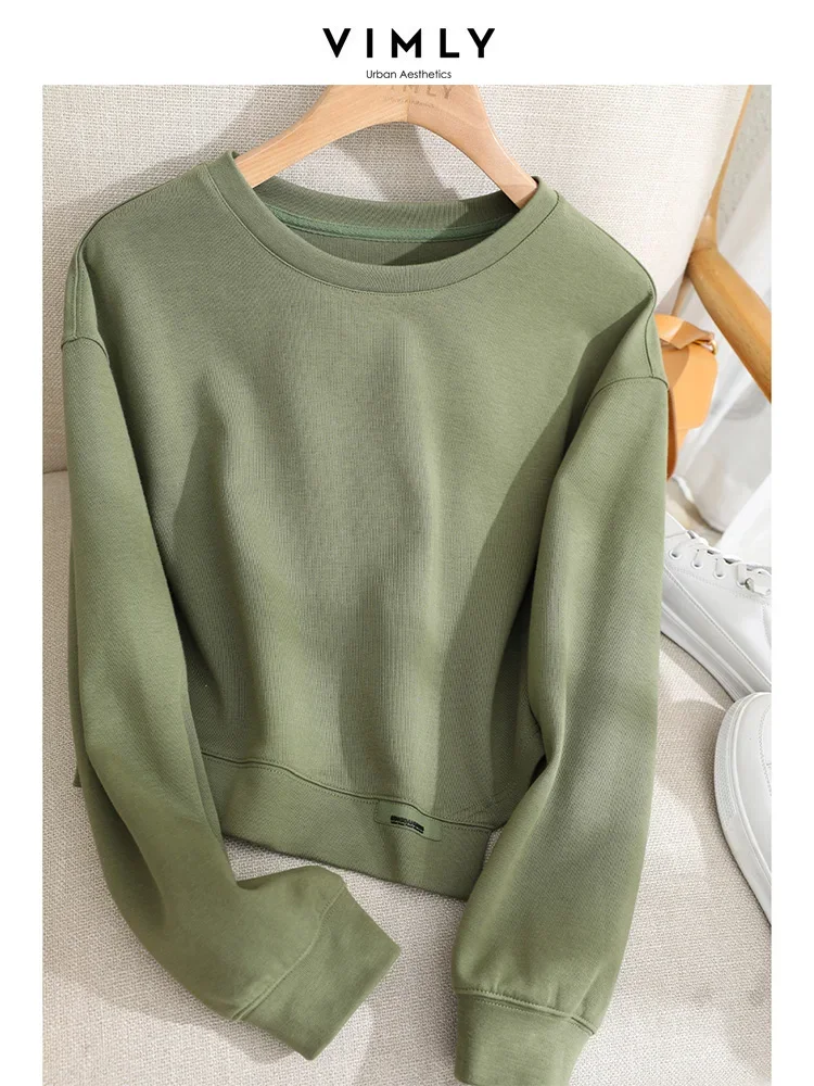 Vimly 2023 Autumm Casual Loose Sweatshirts Women Long Sleeve Crop Tops Round Neck Asymmetrical Hem Pullovers Streetwear M3206