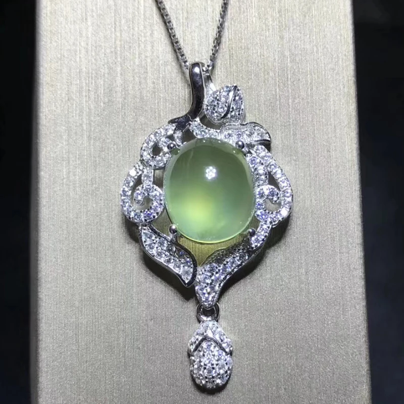 Sterling 925 Silver Gemstone Pendant for Party 9*11mm Natural Prehnite Pendant Birthday Gift for Mother With Certificate