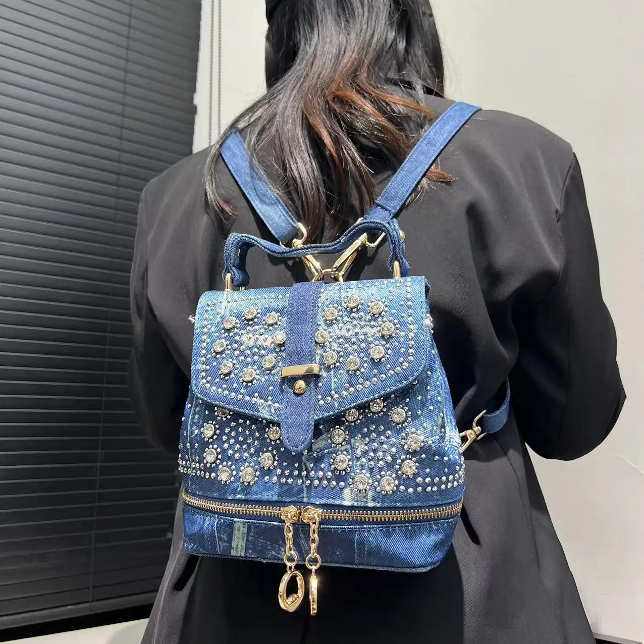 حقيبة ظهر جينز ماسية متعددة الوظائف ، حقيبة كتف أنيقة للنساء ، الموضة