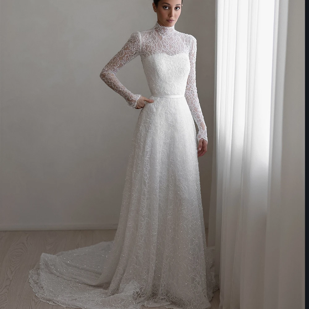 

Luxury Wedding Dresses High Neck Long Sleeve Lace Bride Dress Sweep Train A-Line White Bridal Gown Customized robe de mariée