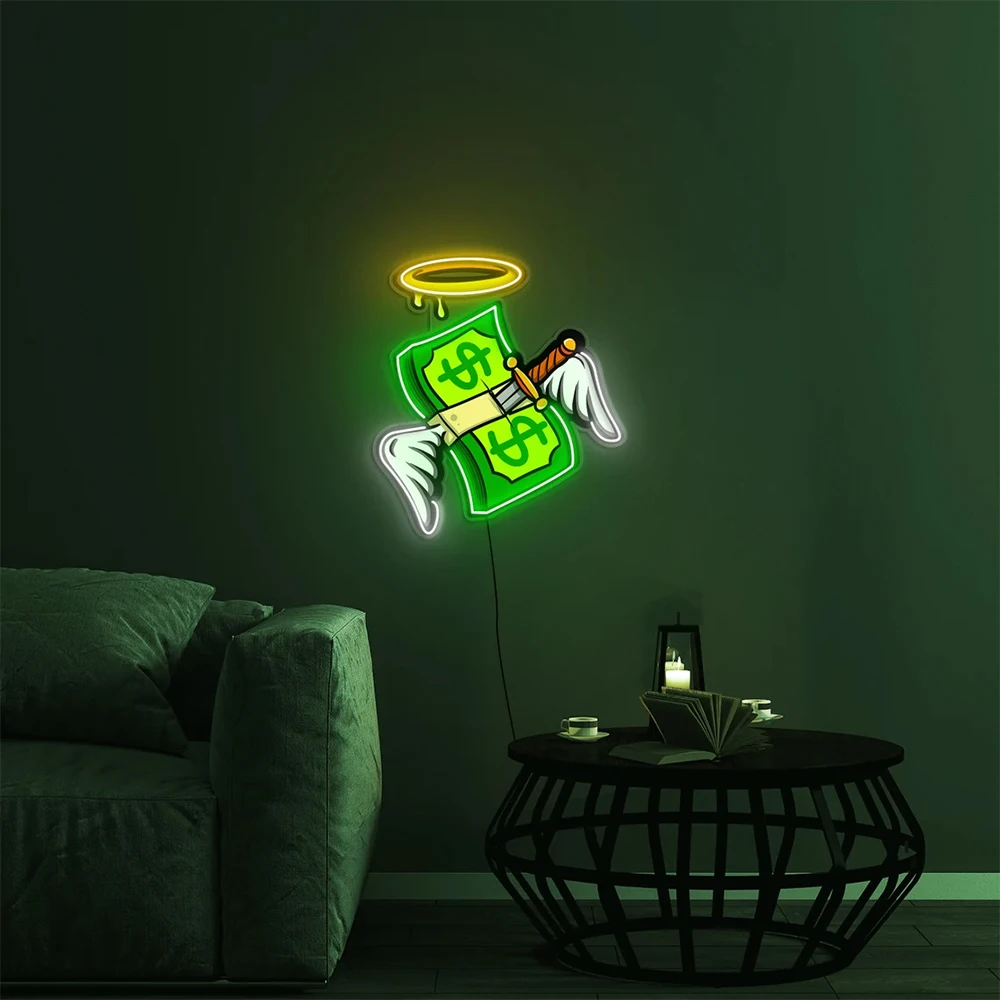 Money Neon Sign Wings and Halo LED Pop Art for Bar and Game Room or Business Decor Wall Decor Unique Gift Custom Cash Light Sign