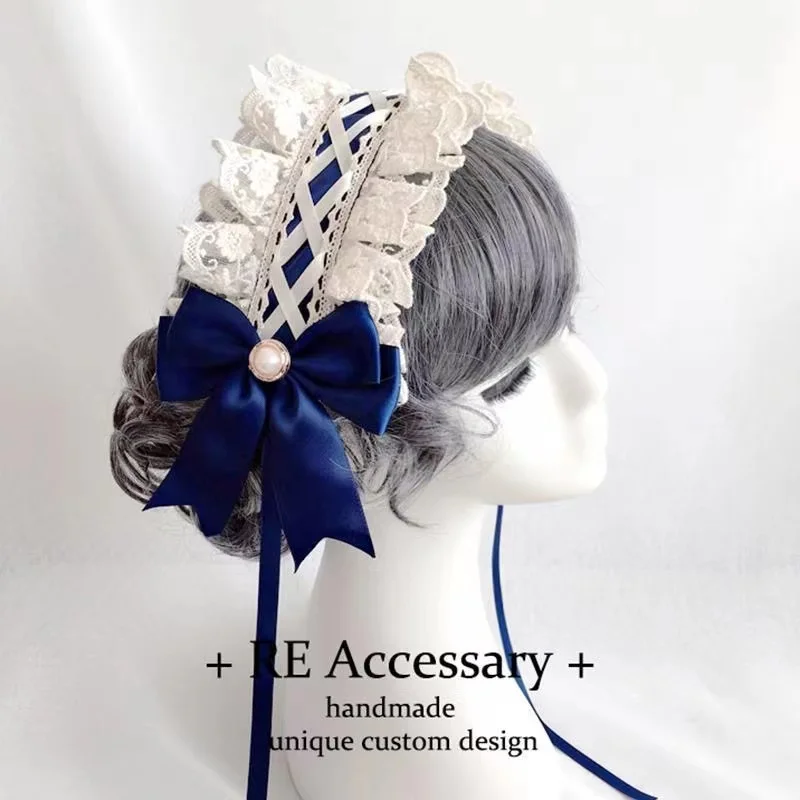 Fita arco hairband com hairpins meninas lolita rendas babados bandana doce estrela bordado anime maid cosplay cocar