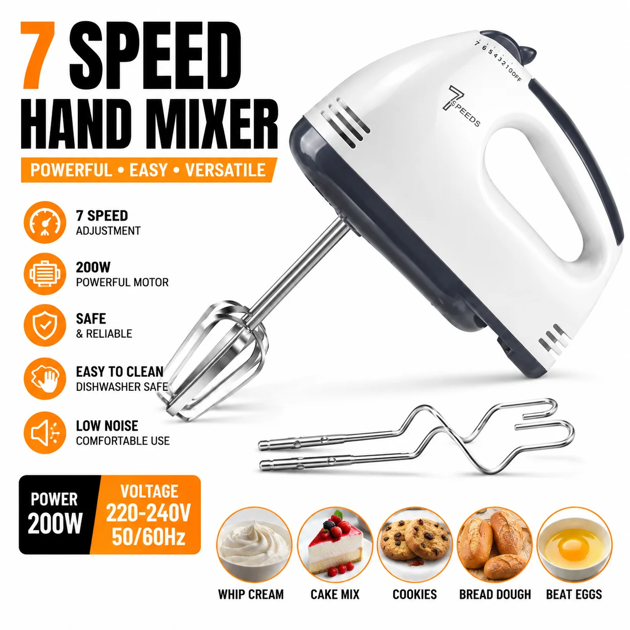 

7-Speed Electric Hand Mixer Portable Kitchen Blender with 5 Stainless Steel Attachments for Egg Whisk Cake Dough Cookie Baking