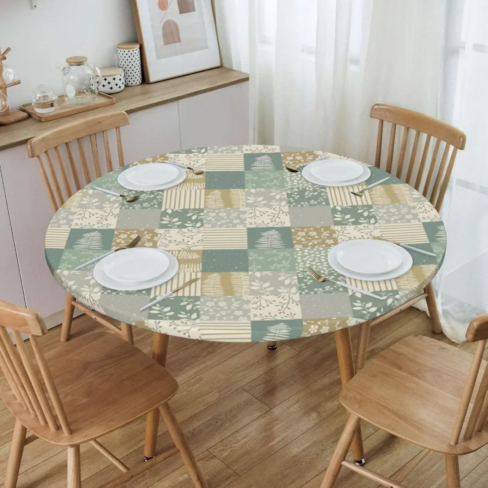 Ferns Sage Green Fitted Table Cloth Cover Round Fitted Tablecloth with Elastic Table Cloth Fits 40